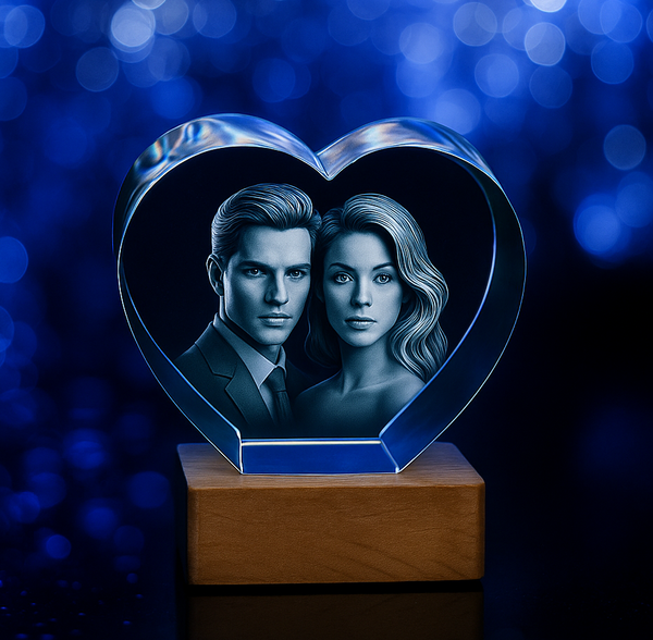 A custom 3D crystal engraving of a couple inside a heart-shaped crystal piece, with a wooden base and illuminated by blue LED lights in the background.