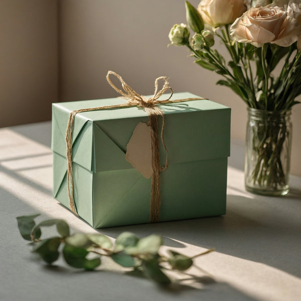 Green gift box with brown ribbon and a vase of flowers on a table