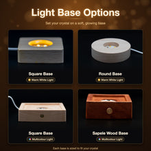 Light base options for 3D crystal photos: square and round bases with warm white light, square and sapele wood bases with multicolour light